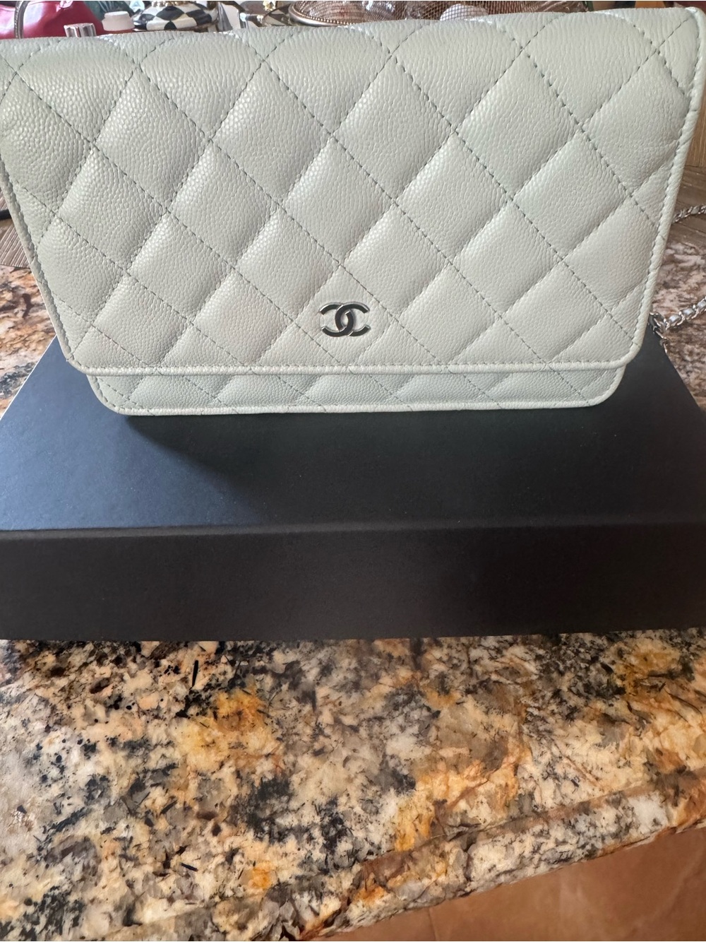Chanel Quilted Leather Chain Wallet - Pale blue